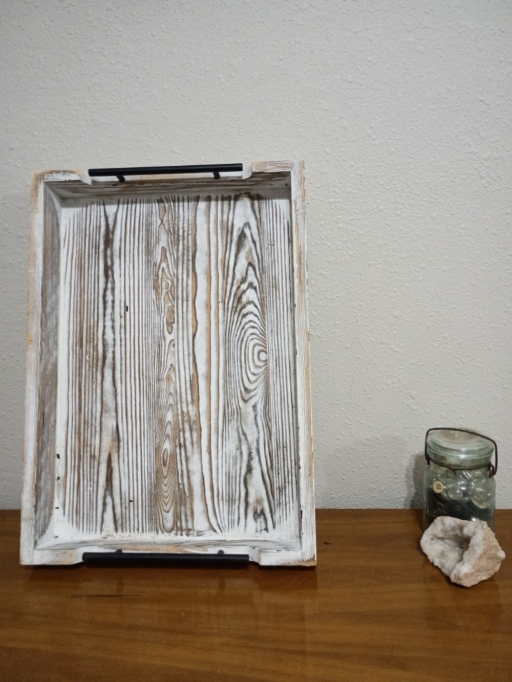 Whitewashed Wood Serving Tray with Black Handles